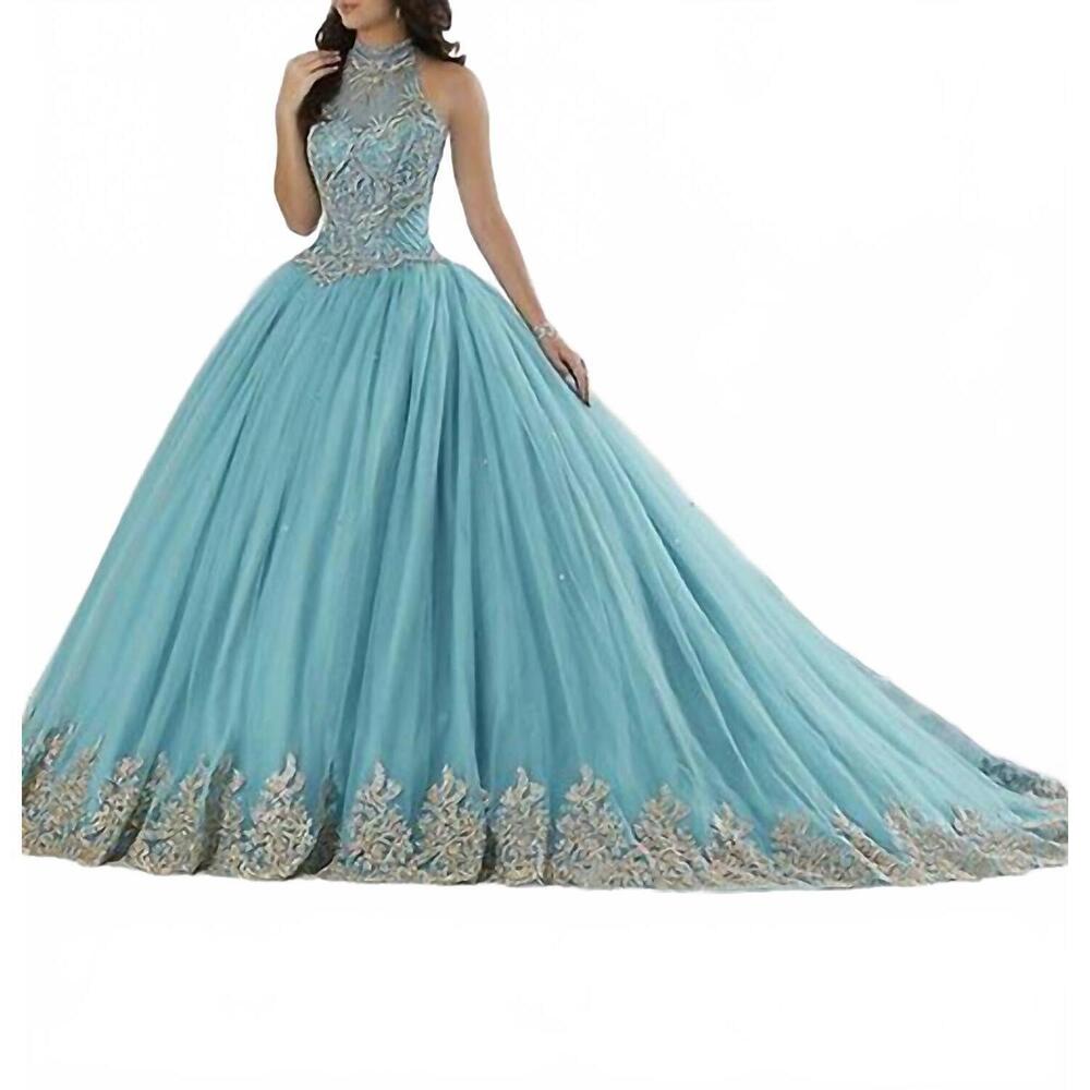 NEW HOUSE OF WU straight tulle ball gown in turquoise/gold